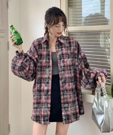 한국 스타일 봄 가을 디자인 센스 낙서 핫픽스 격자 무늬 셔츠 하라주쿠 스타일 루즈핏 셔츠 다용도 긴팔 여성 코트
