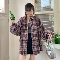 批发<b class='q'>韩版</b>春季设计感涂鸦烫钻格子衬衫原宿风宽松衬衣百搭长袖外套女