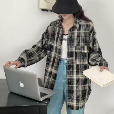 批发韩版春季涂鸦格子<b class='q'>衬衫</b>设计感复古休闲宽松大码口袋长袖<b class='q'>衬衣</b>外套女