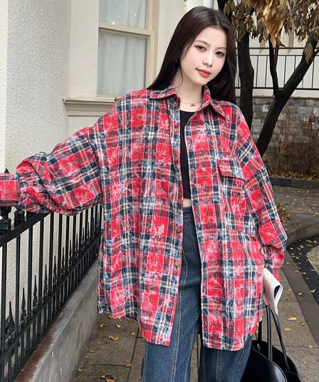실사 한국 스타일 가을 화이트 낙서 격자 무늬 셔츠 게으른 oversize 긴팔 루즈핏 다용도 맨위 여성 코트