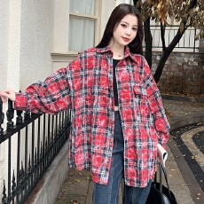 批发实拍韩版秋白色涂鸦<b class='q'>格子</b>衬衫懒惰oversize长袖宽松百搭上衣外套女