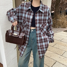 批发实拍韩版秋冬oversize长袖双口袋<b class='q'>格子</b>衬衫宽松懒惰上衣外套女衬衣