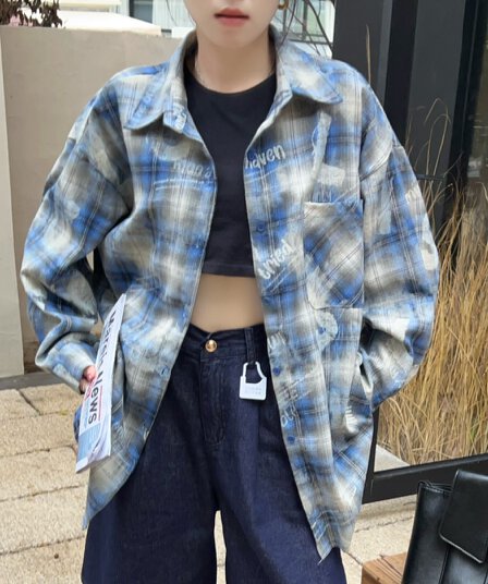 실사 한국 스타일 봄 가을 oversize 긴팔 화이트 알파벳 프린트 격자 무늬 셔츠 게으른 바람 루즈핏 여성 코트
