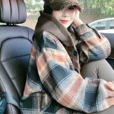 批发欧洲站秋冬磨毛呢子<b class='q'>格子</b>休闲连帽卫衣长袖大码宽松百搭衬衫外套女