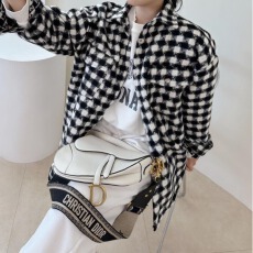 批发韩版秋冬oversize复古千鸟格廓形毛呢衬衫大版宽松风衣<b class='q'>呢子外套</b>女