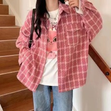 批发韩版秋冬网红毛呢格子衬衫宽松百搭设计感长袖休闲衬衣外套女