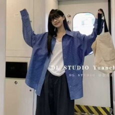 批发<b class='q'>韩版</b>春季蓝色细格子衬衫懒惰风休闲宽松大码长袖上衣外套女衬衣潮
