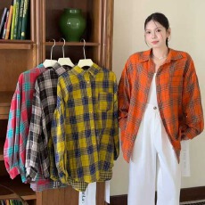 批发<b class='q'>韩版</b>春季oversize原宿风格子衬衫宽松百搭双面格子时尚上衣女外套