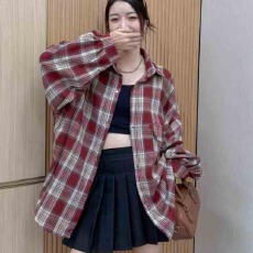 批发韩版春秋大口袋格子衬衫oversize复古宽松上衣女<b class='q'>外套</b>休闲长袖衬衣