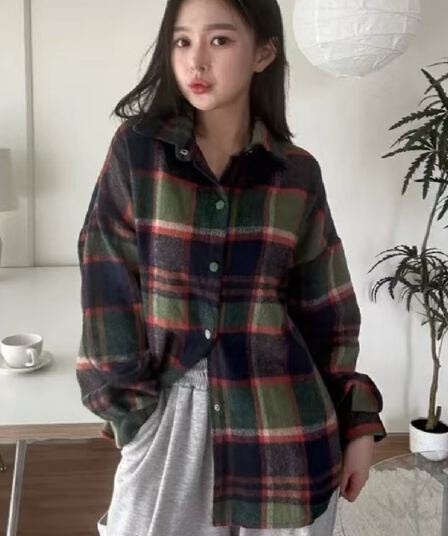 한국 스타일 가을 겨울 연삭 털 격자 무늬 셔츠 루즈핏 게으른 바람 캐주얼 chic 패션 클래식 긴팔 셔츠 여성 코트