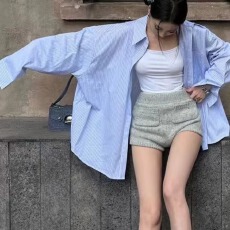 批发韩版fortunee条纹度假休闲<b class='q'>防晒</b>长袖衬衫女慵懒风夏季宽松显瘦上衣