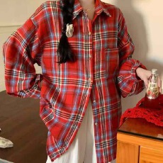 批发韩版春季磨毛双面格子衬衫<b class='q'>宽松</b>懒惰风长袖chic经典长袖衬衣外套女