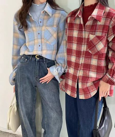 한국 스타일 가을 겨울 게으른 바람 모직 캐주얼 루즈핏 빅 사이즈 레트로 셔츠 작은 대중 캐주얼 긴팔 셔츠 여성 코트