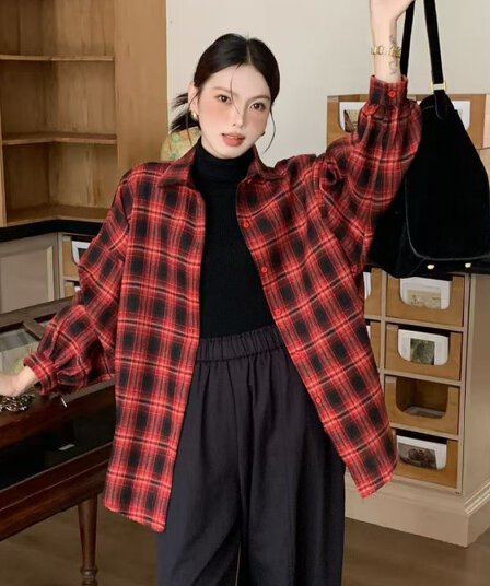한국 스타일 봄 가을 루즈핏 oversize 긴팔 레트로 격자 무늬 셔츠 캐주얼 긴팔 맨위 여성 코트 셔츠 트렌디