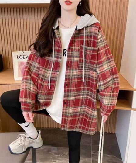 한국 스타일 가을 겨울 모직 후드 배색 격자 무늬 셔츠 oversize 루즈핏 게으른 바람 루즈핏 셔츠 여성 코트