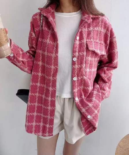 한국 스타일 가을 겨울 oversize 핑크색 레트로 모직 격자 무늬 셔츠 캐주얼 긴팔 모직 여성 코트 셔츠