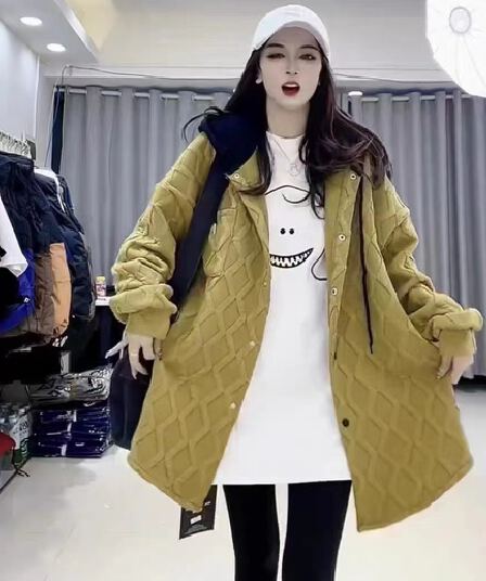 유럽 역 가을 겨울 3 차원 다이아몬드 모양 후드 배색 중간 길이 가을 겨울 캐주얼 빅 사이즈 루즈핏 여성 코트
