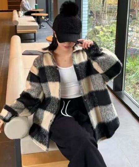 한국 스타일 겨울 oversize 격자 무늬 셔츠 모직 하라주쿠 스타일 긴팔 캐주얼 셔츠 여성 디자인 센스 재킷 트렌디