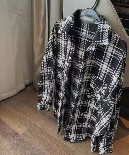 한국 스타일 가을 oversize 긴팔 레트로 체크무늬 모직 셔츠 더블 주머니 캐주얼 루즈핏 여성 코트 셔츠