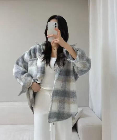 한국 스타일 겨울 oversize 격자 무늬 셔츠 하라주쿠 스타일 모직 긴팔 캐주얼 ~이다. 셔츠 여성 디자인 센스 재킷