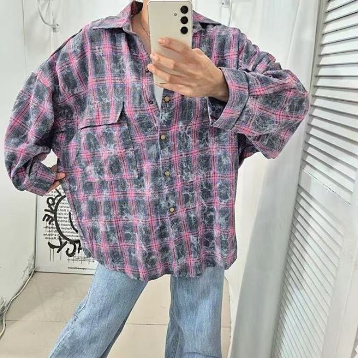 한국 스타일 봄 가을 화이트 낙서 격자 무늬 셔츠 디자인 센스 oversize 긴팔 루즈핏 다용도 맨위 여성 코트