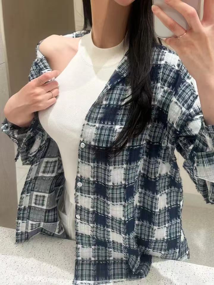 한국 스타일 봄 여름 술 격자 무늬 셔츠 하라주쿠 스타일 루즈핏 캐주얼 다용도 긴팔 맨위 여성 코트 자외선 차단 의류 트렌디