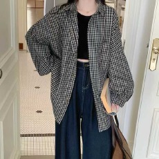 批发<b class='q'>韩版</b>春季宽松oversize原宿风长袖复古格子衬衫撞色外套女衬衣外套