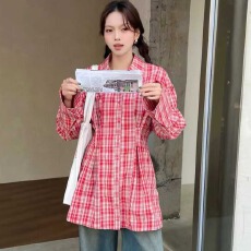批发韩版春季东大门收腰格子衬衫时尚设计感休闲<b class='q'>长袖</b>上衣女衬衣外套潮