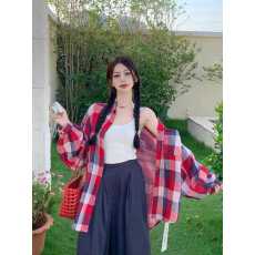 批发韩版春宽松oversize格子衬衫双面格子拼接<b class='q'>长袖</b>衬衣女设计感外套潮