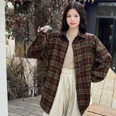 批发<b class='q'>韩版</b>春季大码时尚格子衬衫学院风宽松懒惰小众休闲长袖衬衣外套女