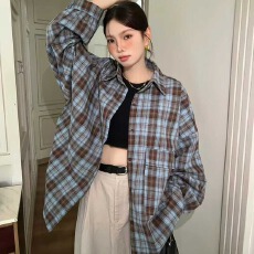 批发<b class='q'>韩版</b>春oversize大口袋格子衬衫懒惰风宽松时尚长袖小众衬衣外套女