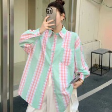 批发韩版春季设计感拼接条纹衬衫原宿风小众<b class='q'>外套</b><b class='q'>休闲</b>长袖上衣女衬衣潮