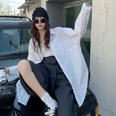 批发<b class='q'>韩版</b>春季oversize格子衬衫圆圈印花原宿风长袖简约防晒衬衣女外套