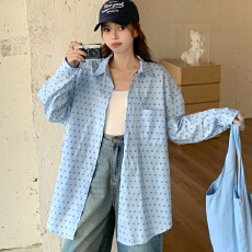 批发<b class='q'>韩版</b>春季宽松圆形印花简约衬衫懒惰风休闲长袖翻领外套女上衣衬衣