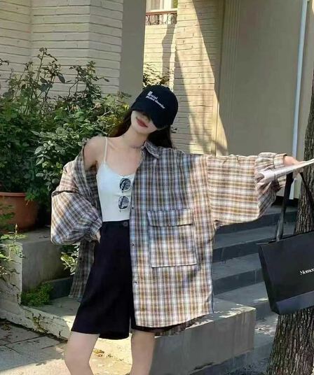 한국 스타일 가을 oversize 클래식 격자 무늬 셔츠 긴팔 루즈핏 캐주얼 자외선 차단 셔츠 여성 디자인 센스 재킷 트렌디