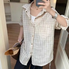 批发<b class='q'>韩版</b>春秋<b class='q'>大码</b>宽松格子衬衫时尚宽松原宿风简约落肩袖衬衣外套女潮