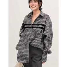 批发韩版春宽松oversize设计感格子<b class='q'>衬衫</b>双杆<b class='q'>蝴蝶结</b>长袖休闲<b class='q'>衬衣</b>女外套