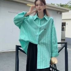 批发韩版春宽松oversize双心<b class='q'>刺绣</b>条纹<b class='q'>衬衫</b>简约长袖休闲防晒<b class='q'>衬衣</b>女外套