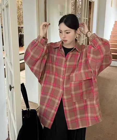 한국 스타일 가을 oversize 디자인 센스 빅 포켓 격자 무늬 셔츠 하라주쿠 스타일 긴팔 캐주얼 셔츠 여성 재킷 트렌디