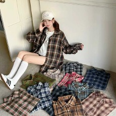 批发韩版春秋大码宽松格子<b class='q'>衬衫</b>简约宽松原宿风个性<b class='q'>灯笼袖</b><b class='q'>衬衣</b>外套女潮