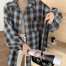 批发<b class='q'>韩版</b>春季设计感简约格子衬衫休闲BF休闲宽松百搭简约翻领外套衬衣