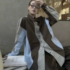 批发韩版春宽松oversize拼接撞色格子衬衫原宿风长袖衬衣<b class='q'>女</b>设计感外套