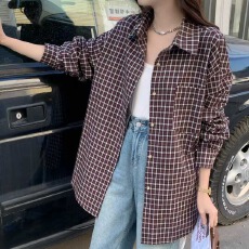 批发韩版春简约oversize翻领格子衬衫原宿风长袖休闲宽松衬衣<b class='q'>女</b>设外套