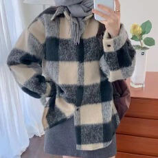 批发韩版冬季oversize撞色毛呢格子衬衫简约原宿风长袖休闲衬衣女外套