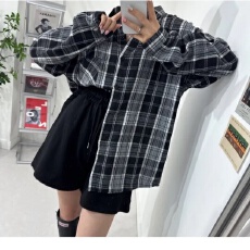 批发韩版春季磨毛格子衬衫懒惰风上衣简约宽松设计感长袖衬衣外套女<b class='q'>潮</b>