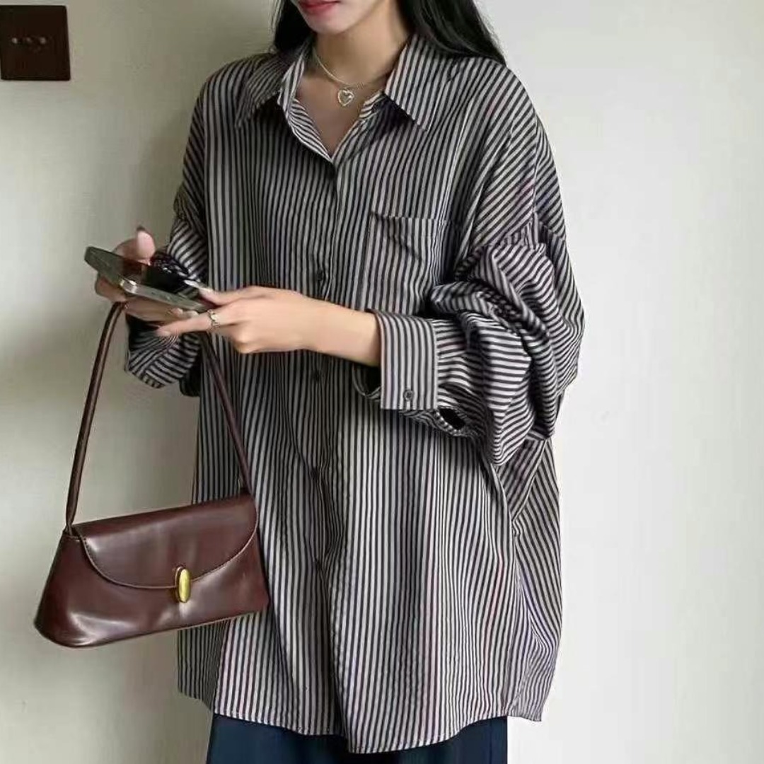 패션 스트라이프 셔츠 하라주쿠 스타일 캐주얼 한 부서 여름 빅 사이즈 루즈핏 자외선 차단 의류 여성 셔츠 다용도 셔츠 여성