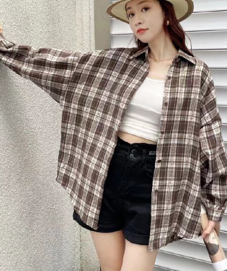 실사 한국 스타일 봄 패션 루즈핏 빅 사이즈 격자 무늬 셔츠 게으른 바람 긴팔 레트로 셔츠 여성 코트