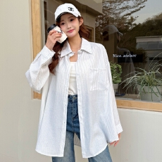 批发<b class='q'>韩版</b>春季oversize毛经典条纹廓形衬衫防晒衣休闲宽松原宿风外套女