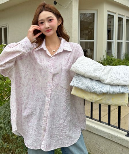 민족 스타일 프린트 여름 자카드 루즈핏 자외선 차단 의류 여성 레저 루즈핏 셔츠 캐주얼 맨위 여성 코트 셔츠