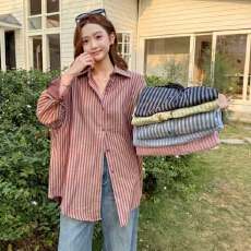 批发韩版春季双面条纹衬衫宽松设计感休闲百搭上衣衬衣时尚简约外套女